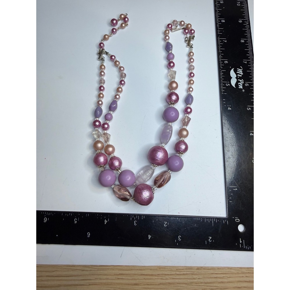 Vintage Double Strand Purple Pink Beaded Necklace Silver Tone J Hook Clasp 17in